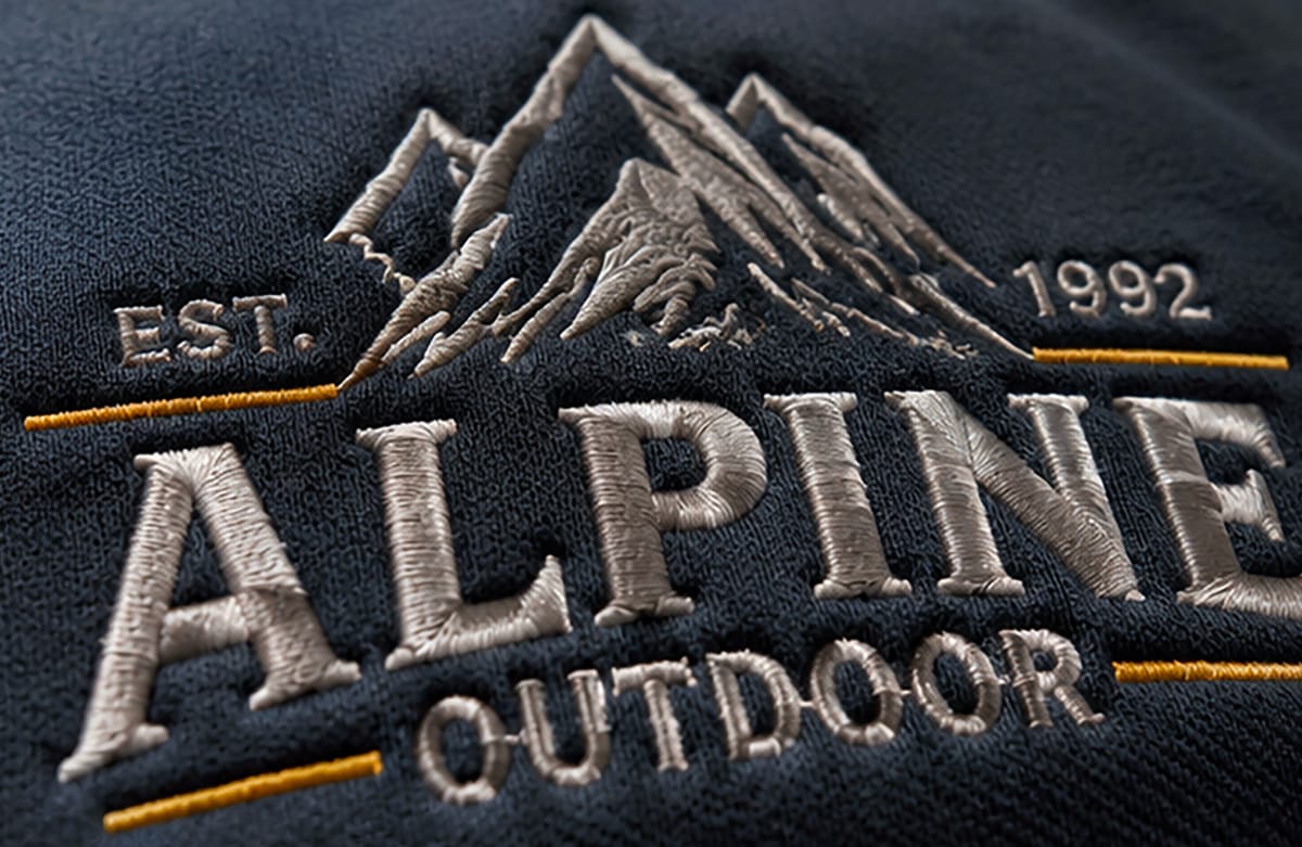 Gesticktes Logo „Alpine Outdoor“ auf dunklem Stoff